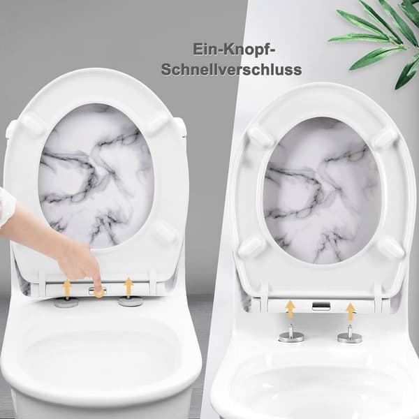 Toiletsæde med soft close og quick release O-form | Hvid marmor mønster