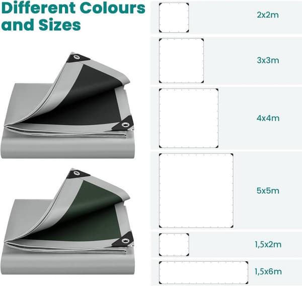 Vedenpitävä pressu silmukoilla 280 g/m² | Harmaa-musta | 1,5x2 m