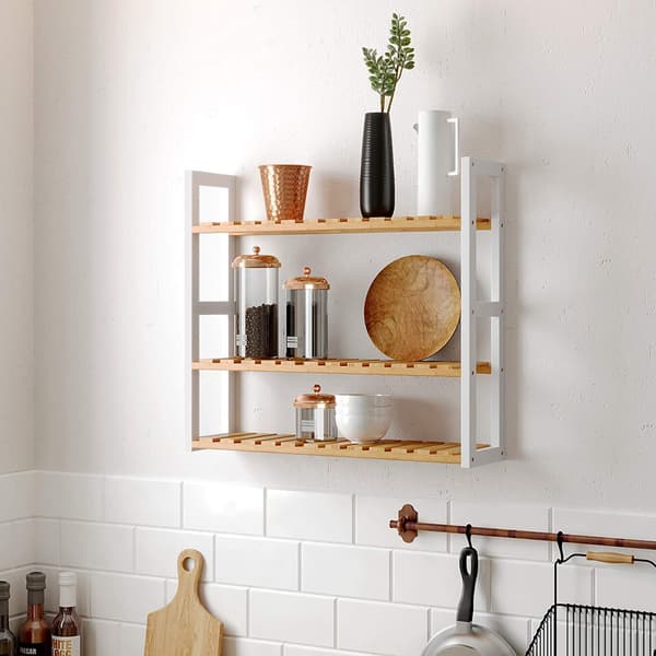 Väggställ i bambu, justerbart, 3 lager, beige/vit, 60 x 15 x 54 cm