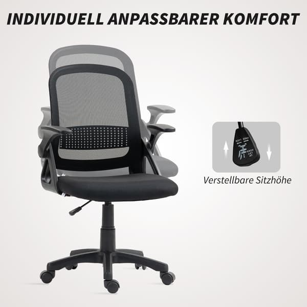 Mesh kontorstol med foldbare armlæn | Farve: Sort | Mål: 57,5x60x91-101 cm