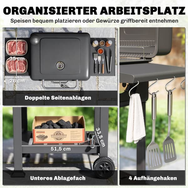 Kulgrill BBQ Ryger med låg og termometer | Farve: Sort | Mål: 112x65x115 cm