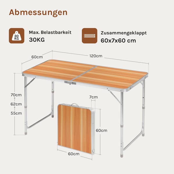 Fällbart campingbord justerbart | Ljus ek | 60x120x55/62/70 cm