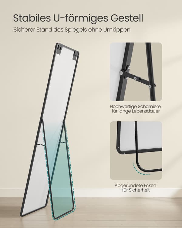 Stående hellängdsspegel - Rektangulär - Bläcksvart - Härdat glas - 160 x 50 cm