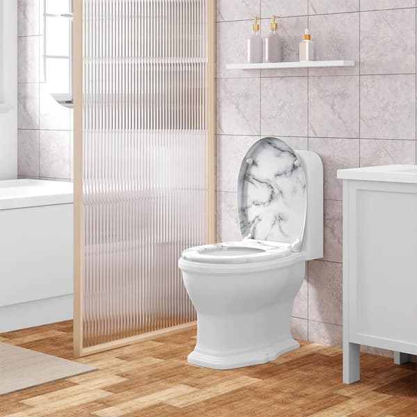 Toiletsæde med soft close og quick release O-form | Hvid marmor mønster