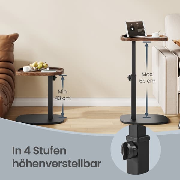 Højdejusterbart C-formet sidebord | Valnød-sort | 40x30x69 cm
