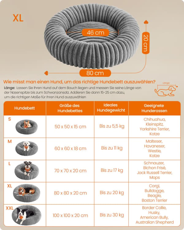 Vaskbar hundeseng 80 cm diameter | Due grå | 80x80x20 cm