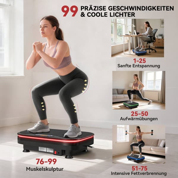 Vibrationsplade til hjemmet - 99 hastigheder, Bluetooth | Farve: Sort | Mål: 32x47x12 cm
