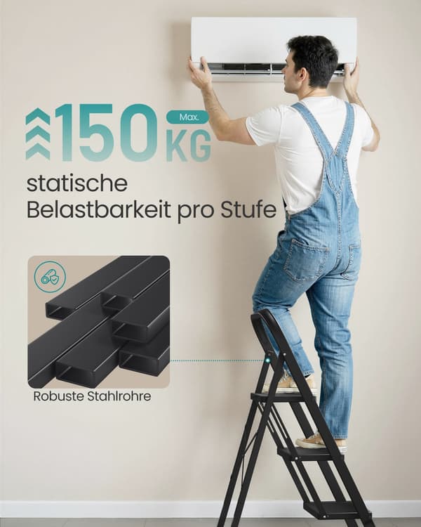 Foldestige med 3 trin og foldebeskyttelse | Sort | 43x67x98 cm
