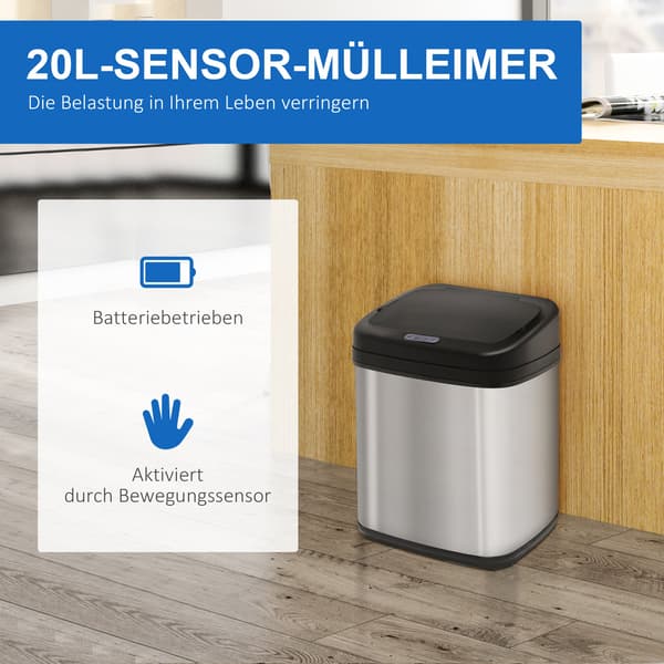 Sensor affaldsbeholder 20L med bevægelsessensor | Farve: Sølv | Mål: 25x33x42,5 cm