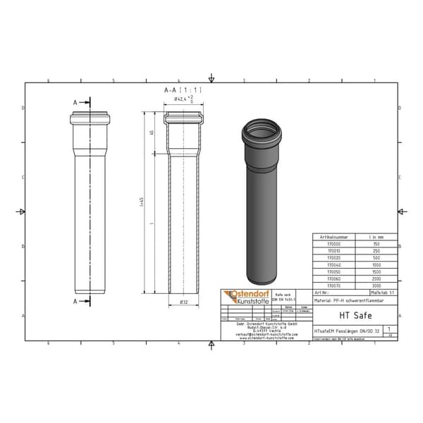 HTsafeEM Afløbsrør DN32 250mm – Fast Installation, Secure Triple Seal, Optimal Insulation