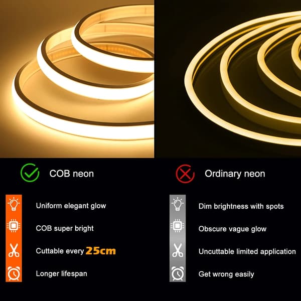 USB LED Neonlist - COB Ljusslinga 2 m - 5V USB - 320 LED/m - Dimbar - Flexibel - Sovrum Skåpsbelysning