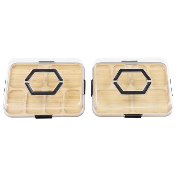 Charkbricka serveringsbricka 2-pack - Rektangulär bricka - 6 fack - Klart lock - Bambu - Naturfärg