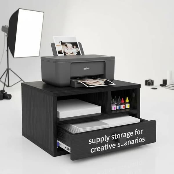 Printerstativ med skuffe - Hylde til printer - 40x32x24 cm - Sort eg