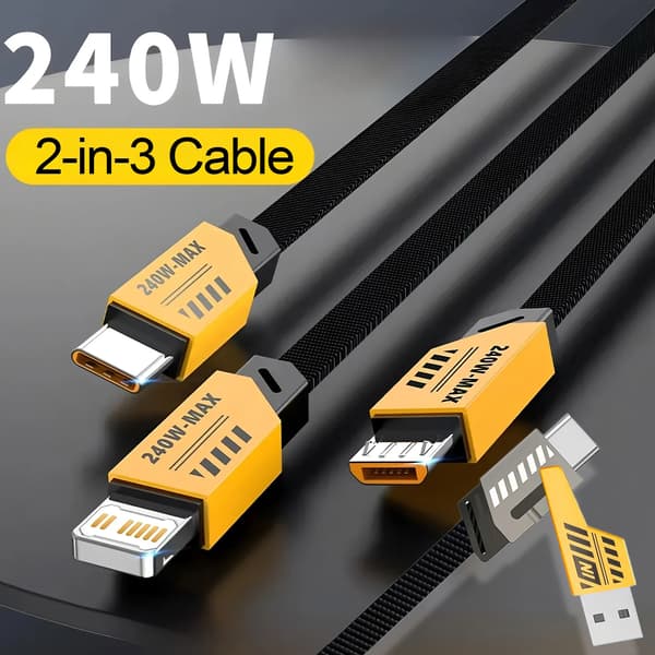 Multi USB Opladerkabel - 3-i-1 Hurtigladekabel - 240W 3A - 1,2 m - Til iPhone Huawei USB-C Micro USB - Sort
