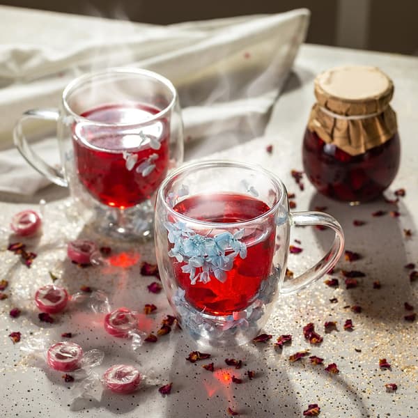 Tekop - Glaskop - 350 ml - Blomstermotiv - Blå