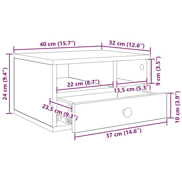 Printerstativ med skuffe - Hylde til printer - 40x32x24 cm - Sort eg