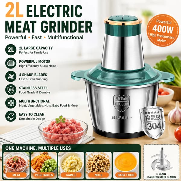 Elektrisk kødhakker - Foodprocessor - 250 W - 2 l - Multifunktionel - Rustfrit stål - Til hakket kød og fyld