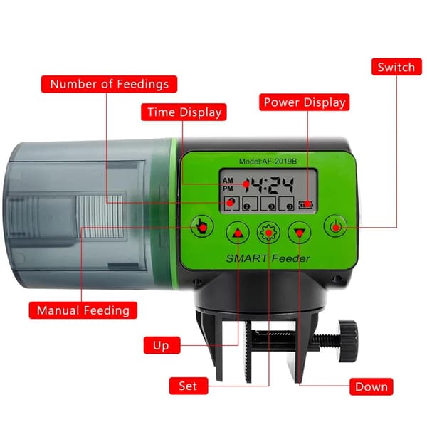 Automatisk fiskefoderautomat - Akvarium foderdispenser - Programmerbar timer - LCD display - 3 foderniveauer - 200 g kapacitet