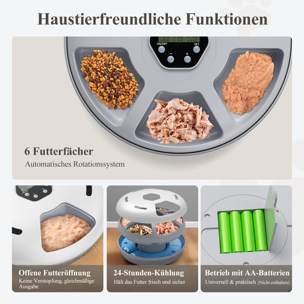 Automatisk kattmatare - Foderautomat för våtfoder - 6 måltider - Kylfunktion - Batteridriven utan batterier - Vit