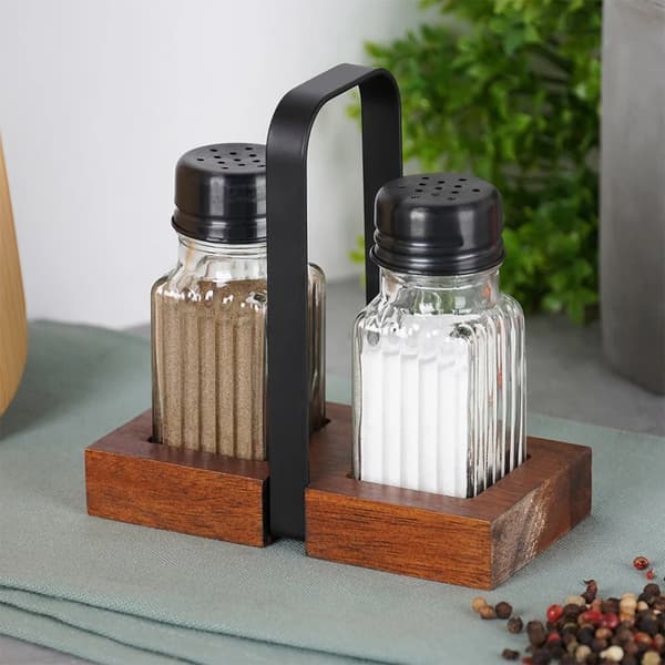 Salt- og peberbøsser - 3-delt sæt med holder - Glas