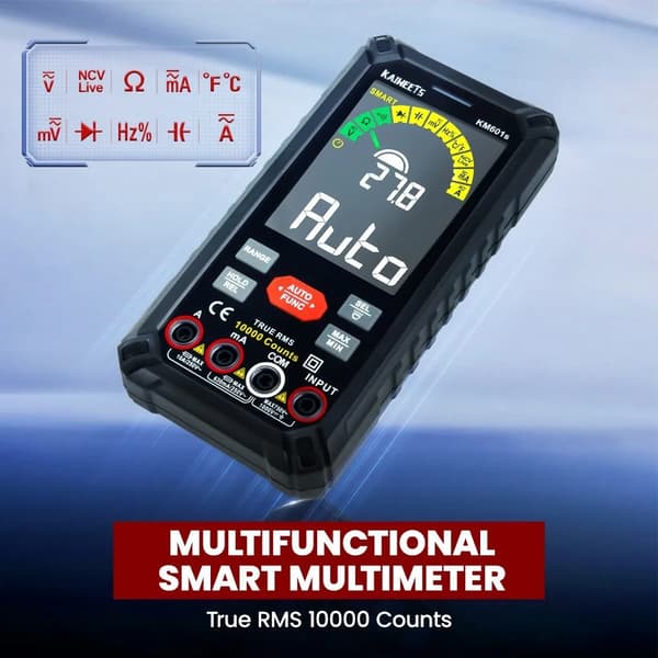 Digital multimeter - True RMS multimeter - 10000 counts - Auto range - Smart og manuel tilstand - NCV test - Lommelygte - Bærbar - Sort