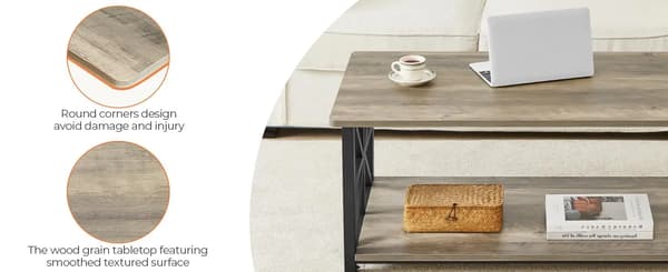 Soffbord - Rektangulär - 2 hyllplan - X-formade metallben - Trä - 100x52 cm - Ljusgrå
