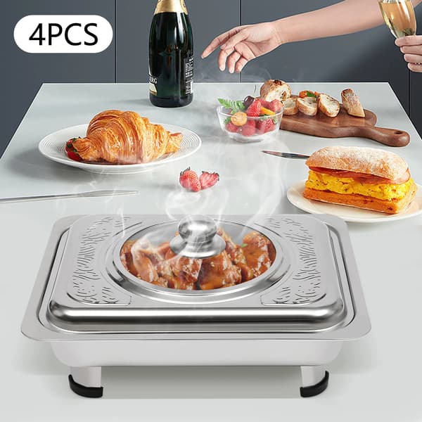 Chafing Dish Buffetform - Rektangulær - Sæt Med 4 - Rustfrit Stål - Glaslåg - Mål 33,5×27,5×9 cm - Sølv