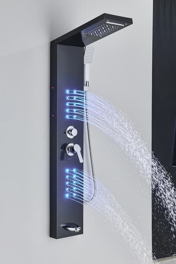 LED Regnbruser - Bruserpanel med kropsdyser og badekarstuds - 304 rustfrit stål - LED-lys med telefonstyring - Stor bruser >40 cm - Etgrebsarmatur - Sort