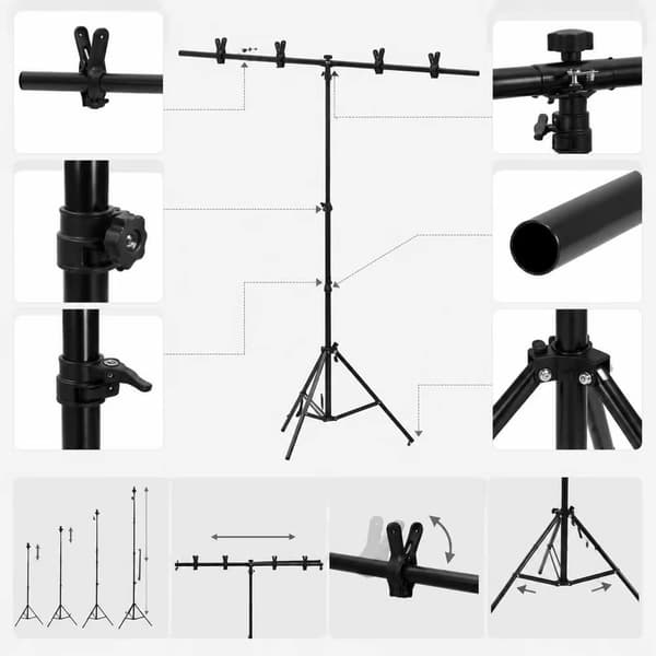 T-formet baggrundsstativ - Robust metalkonstruktion - Højdejusterbart 70–200 cm - Pladsbesparende - Sort