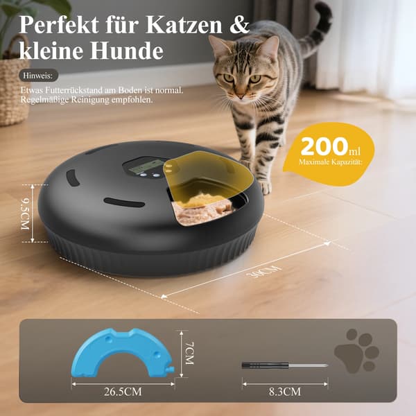 Automatisk kattefoderautomat - Vådfoder - Kølefunktion - 6 måltider - Batteridrevet uden batterier - Sort
