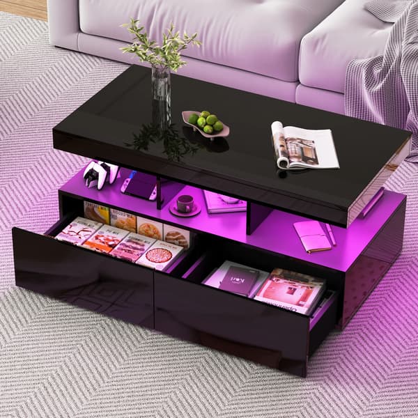 Moderne sofabord - Stuebord 104×53×46 cm - LED lys - 3 hylder - 2 skuffer - Rektangulær - Sort