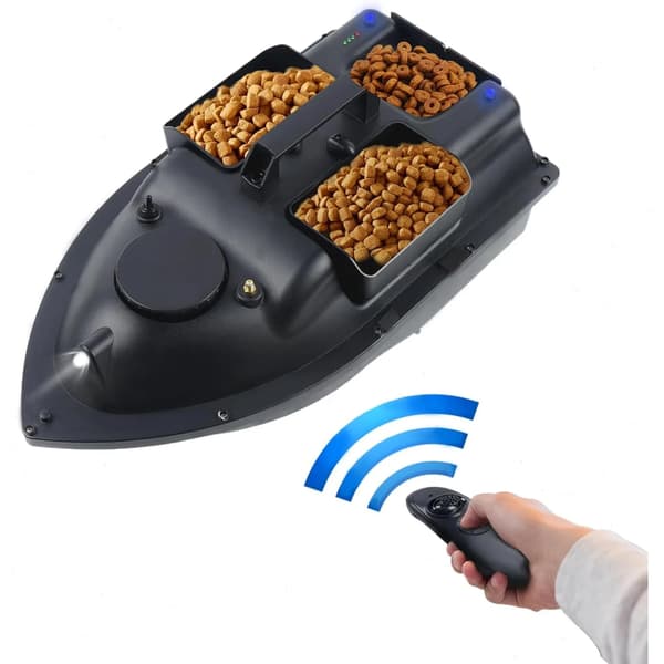 Foderbåt fiske - RC betebåt - 500 m räckvidd - 3 foderbehållare - 2 kg last - LED ljus - svart