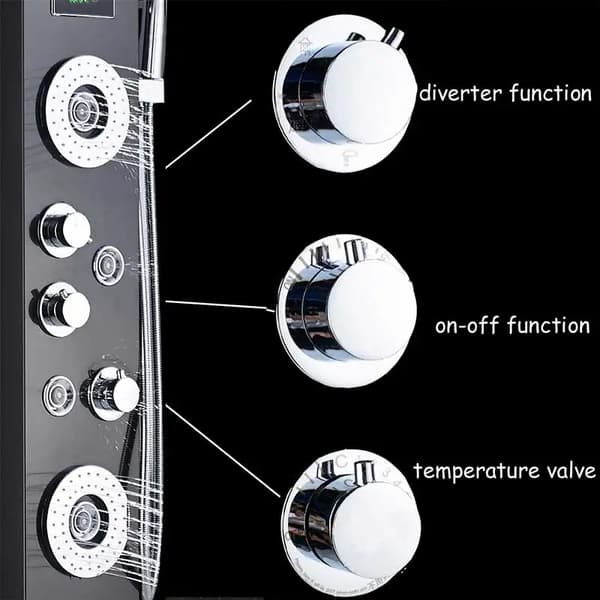 LED Brusepanel - Rainfall Brusesystem med Digital Temperaturdisplay - 4 Kropsmassagejets - 3 Greb - Rustfrit Stål - Sort 8006