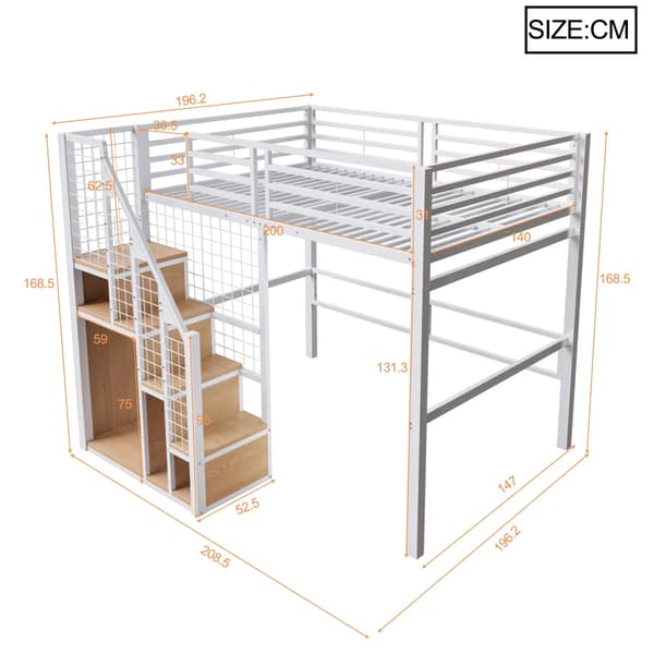 Högsäng för barn - Metallram - Säkerhetsstege - Förvaring - 90 x 200 cm - Vit