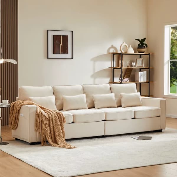 4-sitssoffa - U-formad linnesoffa - Modern stil - Armstödsfickor - 4 kuddar - Beige