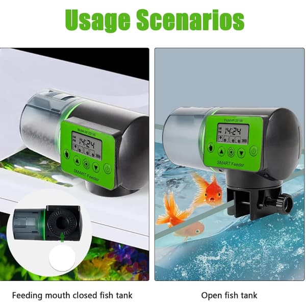 Automatisk fiskefoderautomat - Akvarium foderdispenser - Programmerbar timer - LCD display - 3 foderniveauer - 200 g kapacitet