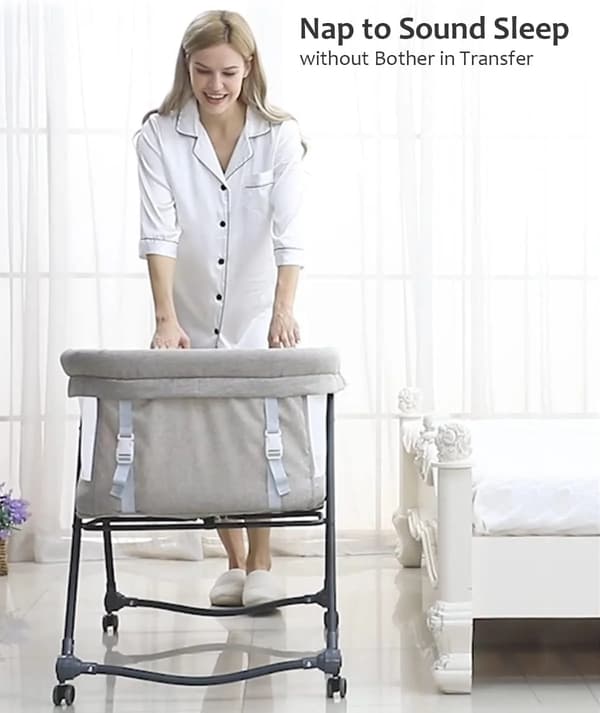 Foldbar 4-i-1 babyseng - Rejseseng og bedside-vugge - Vuggefunktion - Støjsvage hjul - 0–1 år - Grå Basic