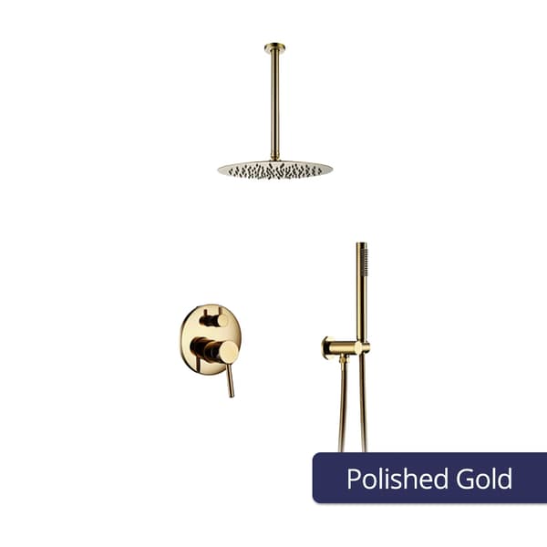 Regnbruser Brusersystem - Væghængt Brusersæt - Rund Hovedbruser 25 cm - 2-Vejs Mixer Hoved+Håndbruser - Messing - Guld