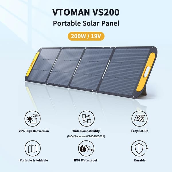 Solpanel - VS200 200W foldbar solcellepanel - 23% monokrystallin - IP67 vandtæt ETFE - Justerbart stativ - MC4 til bærbare power stations