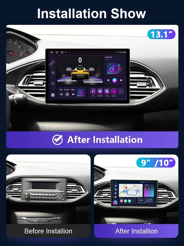 Android bilradio Peugeot 308 2013-2017 - 2-DIN 22,9 cm touchskærm - Android 13 - 4G LTE GPS navigation - 4G+64G hukommelse - 2,0 GHz processor - RDS split-screen