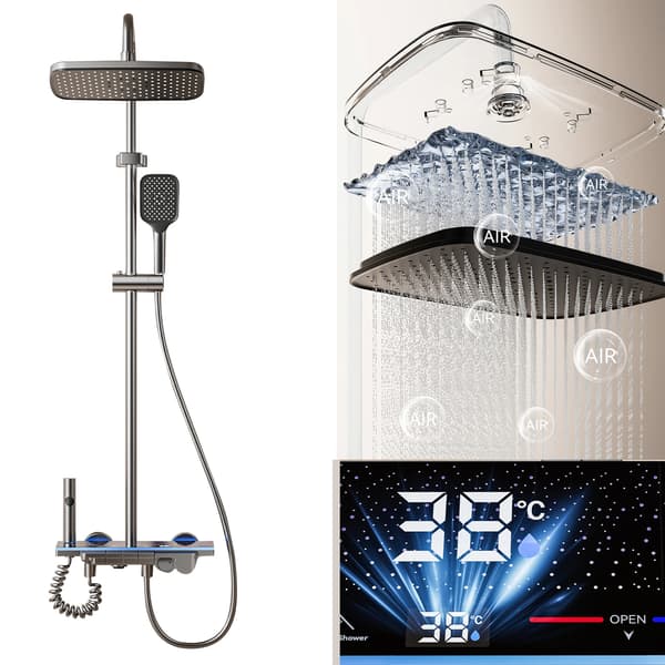 Brusesystem - Digital regnbruser med LED-belysning - Temperaturdisplay - 4 brusfunktioner - Aluminium - Sort