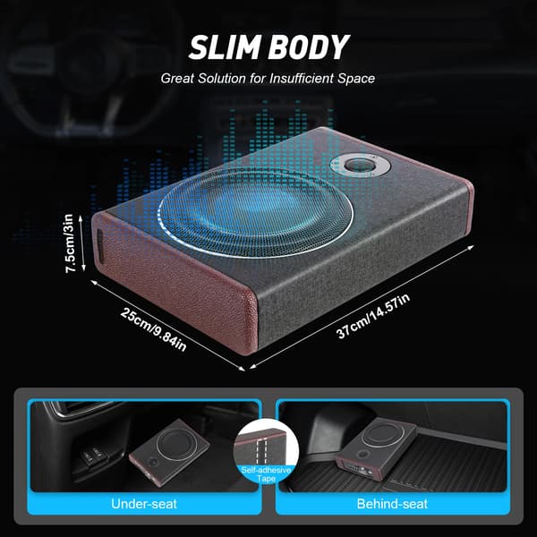 Bilsubwoofer - Under-sæde subwoofer - Rektangulær - Træ/PU/rustfrit stål - Montering under sæde/rygstøtte - Sort