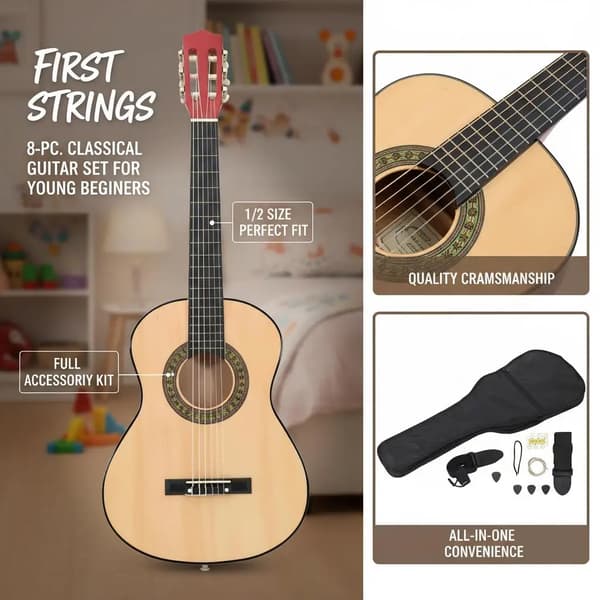Akustisk klassisk gitarr 1/2-storlek - Nybörjarset 8-delar - Ca 86 cm barn- och juniorgitarr - Lindträ - Armégrön