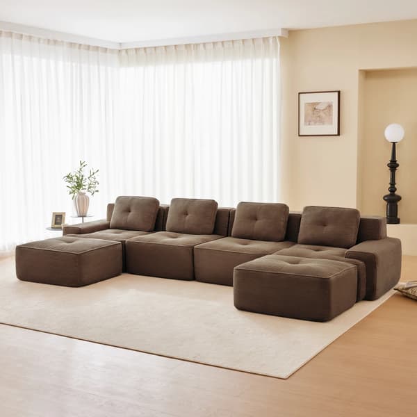 Modulsoffa - U-formad 4-sitssoffa - Manchestertyg - Vadderad - Halkfri - Brun