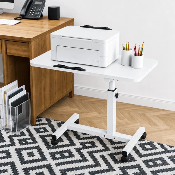 Rullbart laptopbord - Mobilt ståbord - Höjdjusterbart - Vinklingsbart 180° - Säkerhetskant - Med hjul - Vit