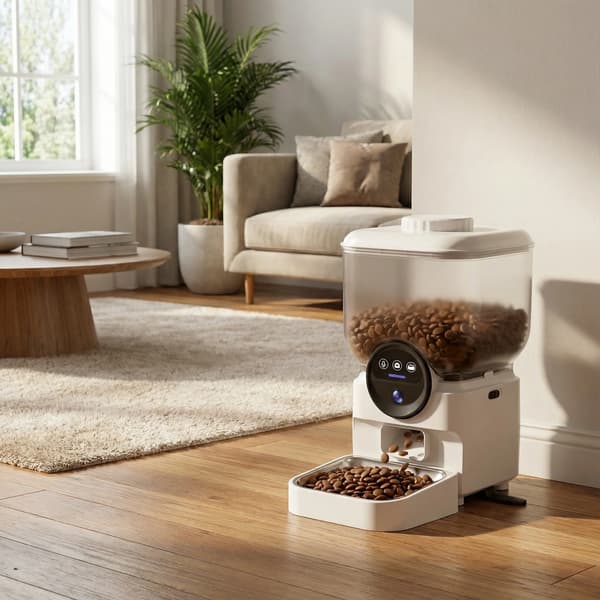 Automatisk kattefoderautomat - Smart WiFi foderautomat - App-styret - Timer - 6,5 L - Rustfrit stål - Portionskontrol 50–200 g - Hvid