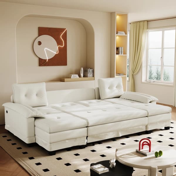 Modulsoffa - U-formad bäddsoffa - Konvertibel - Chenille - Träram - Modern design - Beige
