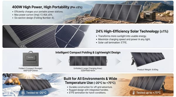 Foldbart solpanel - S200 - 400 W x 2 - 4 paneler - 24 % effektivitet - UL-certificeret - Til camping