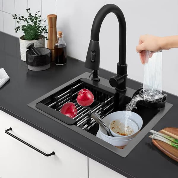 Diskho - Enkel ho - 45×40 cm - Rektangulär - Övermonterad - Rostfritt stål 201 - Med kopparkran - Svart