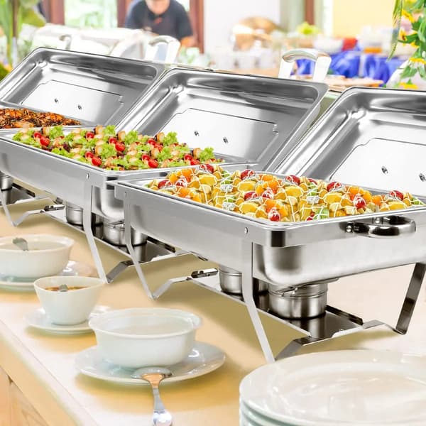 Buffetvarmer - Chafing dish - Rektangulær, rustfrit stål, med indsatsbakker, catering/servering, 1 stk - Sølv